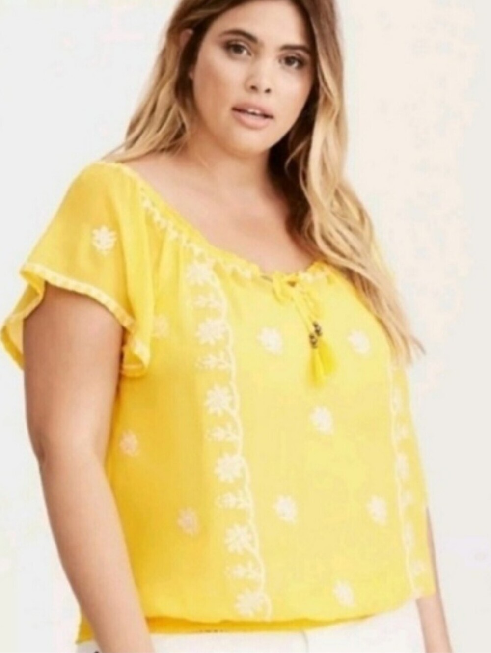 torrid Womens Plus Size  Yellow Embroidered Peasant Blouse Size 2X 💰2/30💰
